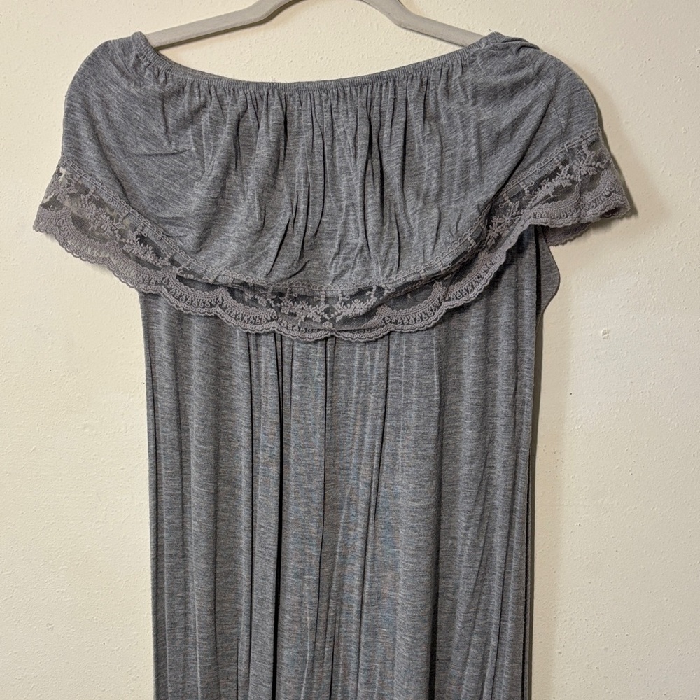 Gray Off-Shoulder Dress with Lace Trim